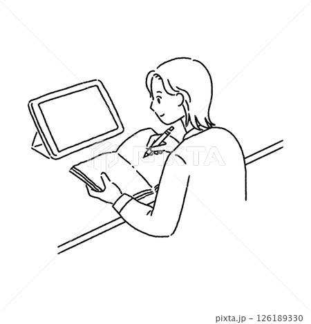 ICT端末を使った学習・女性 線画 ICT端末を使った学習・女性 線画 126189330