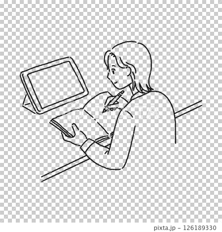 ICT端末を使った学習・女性 線画 ICT端末を使った学習・女性 線画 126189330