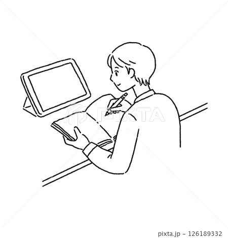 ICT端末を使った学習・男性　線画 126189332