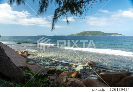 Scenic view from La Digue Island, Seychelles, showing the turquoise Indian Ocean 126189434