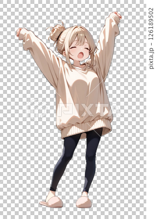 穿著休閒服的女孩打哈欠並伸懶腰 126189502