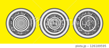 Concentric silver circles and grid mosaic on yellow background. Retro optical illusion style design Concentric silver circles and grid mosaic on yellow background. Retro optical illusion style design 126189595
