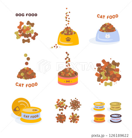Dry pet food icon set, cat and dog kibble, meat and vegetable pellets, dog protein croquette meal 126189622