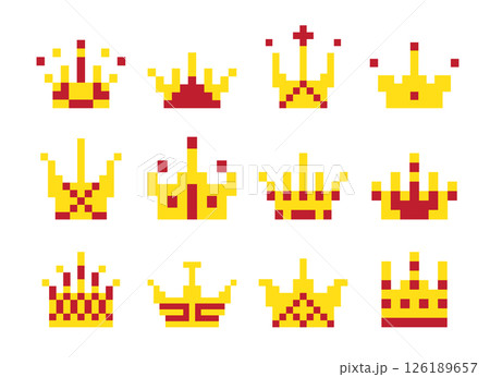 Pixel art crown, 8 bit king icon, retro style queen symbol, minimalist princess tiara mosaic 126189657