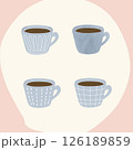 優しいカラーの背景付き 4種の柄のグレーのコーヒカップ　味わいある絵本風タッチ 126189859