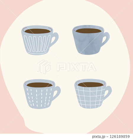 優しいカラーの背景付き 4種の柄のグレーのコーヒカップ 味わいある絵本風タッチ 優しいカラーの背景付き 4種の柄のグレーのコーヒカップ 味わいある絵本風タッチ 126189859