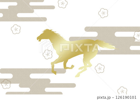 金色の馬と和柄背景の午年年賀状テンプレート 祝詞無し 金色の馬と和柄背景の午年年賀状テンプレート 祝詞無し 126190101