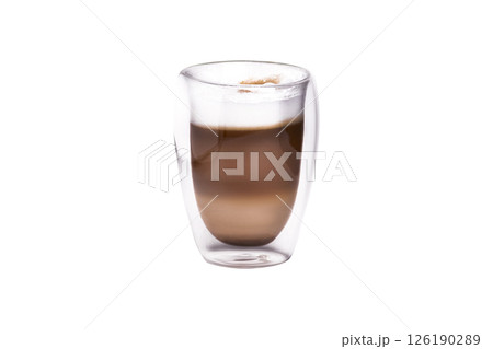 Glass cup with cappuccino coffee. Side view Isolated on white or transparent background Glass cup with cappuccino coffee. Side view Isolated on white or transparent background 126190289