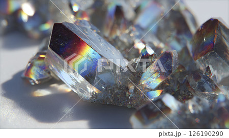 AI-generated item. Rainbow light on quartz crystal cluster, iridescent crystals with prism reflection. 126190290