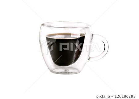 Glass cup with black americano coffee. Side view Isolated on white or transparent background close up 126190295