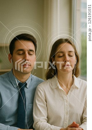 職場で音楽を聴いてリラックスする男女 126191031