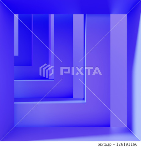Blue background with abstract geometric line pattern. Futuristic architecture design, square frame tunnel perspective with purple gradient, light and shadow. Render modern wallpaper. 3D illustration Blue background with abstract geometric line pattern. Futuristic architecture design, square frame tunnel perspective with purple gradient, light and shadow. Render modern wallpaper. 3D illustration 126191166