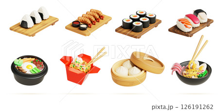 Korean food with bibimbap and ramen soup render icon set. Asian rice and noodle in restaurant bowl. Chinese meal baozi, wok box. Japanese sushi, onigiri, shrimp, tempura on wood tray. 3D illustration 126191262