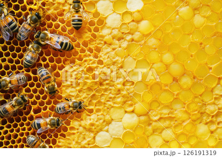 Bees busy at work collecting nectar and creating honey in a beehive 126191319