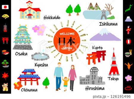 日本の観光名所と家族のイラストセット 126191496