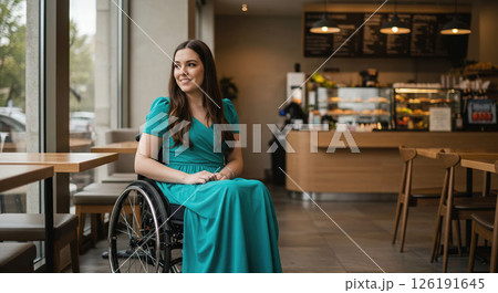 Woman in wheelchair feels cafe enjoyment, her bright smile shows deep enjoyment 126191645