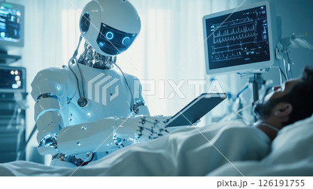An A.I. robot doctor taking care of a patient. The concept of futuristic healthcare, artificial intelligence in medicine, and human-robot interaction for patient well-being. Generative AI. 126191755