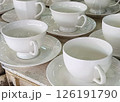 Elegant White Porcelain Teacups and Saucers. 126191790