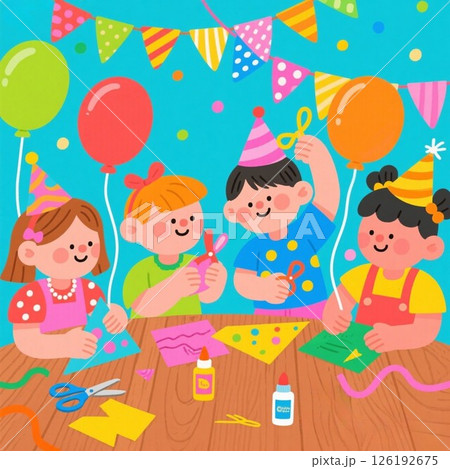 イラスト素材:お誕生日会の準備、子供 イラスト素材:お誕生日会の準備、子供 126192675