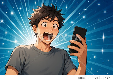 スマホ画面を見て驚き喜ぶ若い男性2 126192757