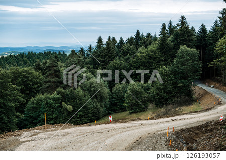 Dirt road under construction winding through a dense forested landscape with mountains in the background. Infrastructure expansion, forest development, land modification, remote access routes.. 126193057