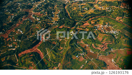 View From Airplane Window On Surroundings Of Chengdu, China. Development Of Agriculture In China. Wooded Terrain Landscape Of China. Discover China. Porthole View Or Called Bull's-eye Window View From Airplane Window On Surroundings Of Chengdu, China. Development Of Agriculture In China. Wooded Terrain Landscape Of China. Discover China. Porthole View Or Called Bull's-eye Window 126193176