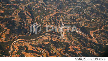 Surrounding Areas Of Santai County, China. View From Airplane Window On Landscape Of China. Porthole View Or Called Bull's-eye Window. Aerial View On Fields And Forest 126193177