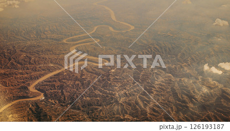 China. View From Airplane Window On Yongding River. Largest River To Flow Through Beijing. Aerial View On Mountainous Terrain. Mountainous Landscape. Wuding River Or Unfixed River Because Its Flow Was 126193187