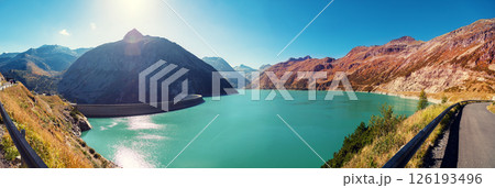 Panoramic view of a mountain lake in autumn. Koelnbreinspeicher, Gamskarnock, Kolnbrein dam, Austria, Europe. Horizontal banner Panoramic view of a mountain lake in autumn. Koelnbreinspeicher, Gamskarnock, Kolnbrein dam, Austria, Europe. Horizontal banner 126193496