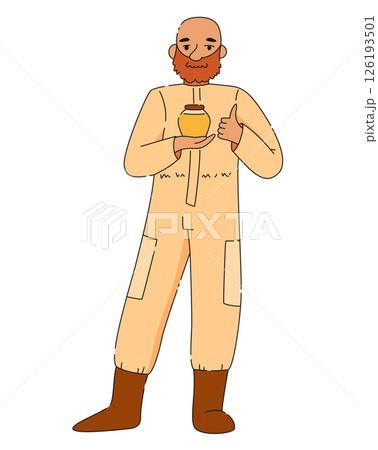 Male beekeeper in protective suit holding jar of honey and showing thumbs up Male beekeeper in protective suit holding jar of honey and showing thumbs up 126193501