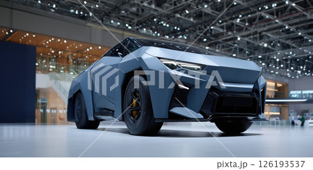 Futuristic electric truck with angular design display motor show, modern and innovative style 126193537