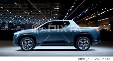 Dark grey electric pickup truck on stage modern design automotive show, sleek and powerful look 126193538