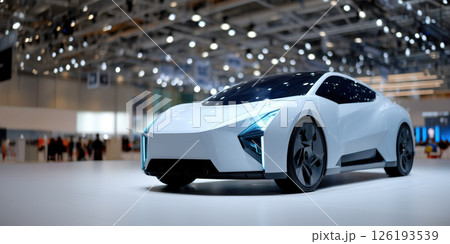 Futuristic electric sedan car on stage at motor show event, modern design bright atmosphere 126193539