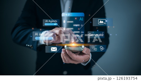 Automation technology, Future digital communication, Businessman using smartphone with AI chatbot interface Representing artificial intelligence assistant, Virtual customer service, Machine learning. 126193754