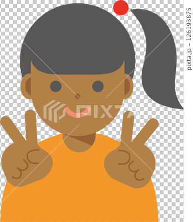 Illustration of a smiling woman making a peace sign 126193875