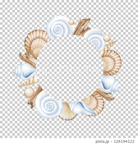 A round frame made of various seashells, driftwood and wooden balls. A watercolor template with an empty place to insert. Isolated. For postcards, invitations, marine-style decoration. A round frame made of various seashells, driftwood and wooden balls. A watercolor template with an empty place to insert. Isolated. For postcards, invitations, marine-style decoration. 126194122