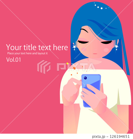 スマホで話す可愛い女性のデザインでフラットイラスト,背景はピンク 126194651