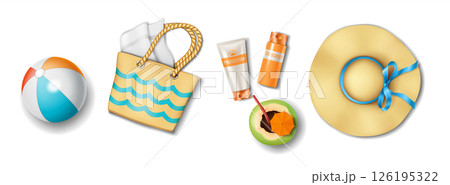 Collection of Summer Beach Essentials with Hat Collection of Summer Beach Essentials with Hat 126195322