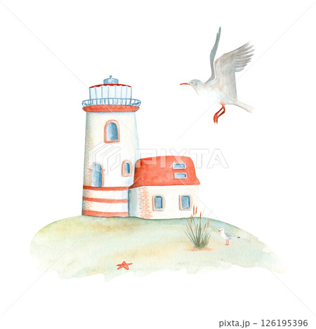Lighthouse flying seagull watercolor illustration isolated on white. Hand painted clip art ideal for cards, banners, advertisements, posters, guides decor and design. Tourism, travel, voyage design Lighthouse flying seagull watercolor illustration isolated on white. Hand painted clip art ideal for cards, banners, advertisements, posters, guides decor and design. Tourism, travel, voyage design 126195396