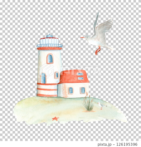 Lighthouse flying seagull watercolor illustration isolated on white. Hand painted clip art ideal for cards, banners, advertisements, posters, guides decor and design. Tourism, travel, voyage design Lighthouse flying seagull watercolor illustration isolated on white. Hand painted clip art ideal for cards, banners, advertisements, posters, guides decor and design. Tourism, travel, voyage design 126195396