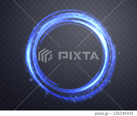 Blue magic ring with glowing. Neon realistic energy flare halo ring. Abstract light effect on a dark transparent background. Vector illustration. 126195435