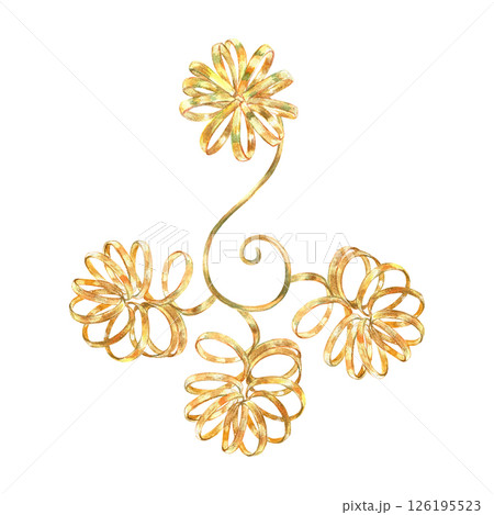 Gold curl, ribbons in vibrant collection. Hand-painted in watercolor with gold paint accents. Isolate element is presented for decorating, designing textile, wallpaper, prints, packaging 126195523