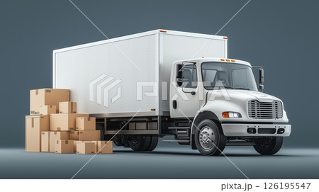 White moving truck parked with stacked boxes 126195547