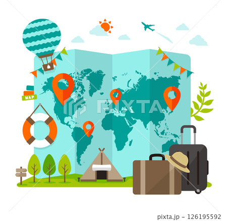 海外旅行・夏休みをモチーフとしたカラーイラスト (世界地図) 126195592