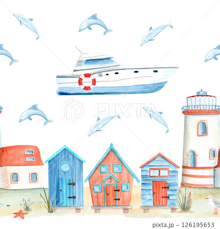 Yacht, dolphin, plank cabins and lighthouse watercolor seamless illustration on white. Hand painted art perfect for summer-themed fabric, beachwear, home decor, branding for coastal boutiques or 126195653