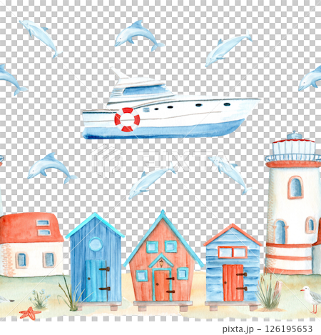 Yacht, dolphin, plank cabins and lighthouse watercolor seamless illustration on white. Hand painted art perfect for summer-themed fabric, beachwear, home decor, branding for coastal boutiques or 126195653