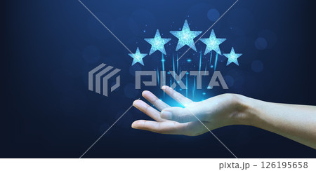 Hand of a woman holding five best star review scores or satisfaction. 126195658