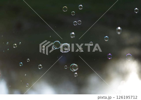 Set of realistic colorful soap bubbles to create a design. Transparent realistic soap bubbles isolated on dark background. 126195712