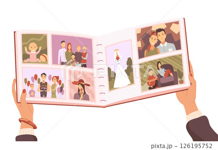 Family photo album. Woman hands holding old photographs. Photography with happy people. Good memory. Vector illustration in cartoon style Family photo album. Woman hands holding old photographs. Photography with happy people. Good memory. Vector illustration in cartoon style 126195752