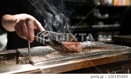 deep grilled the japanese Wagyu in kitchen at Japan	 126195809